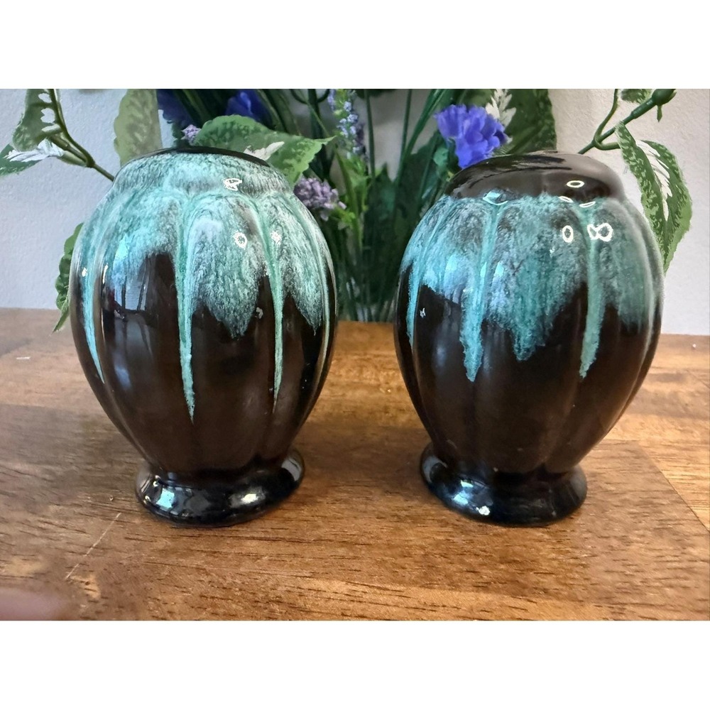 Vintage Canadian Pottery Salt and Pepper‎ Shakers Green Drip Glaze Pottery MCM